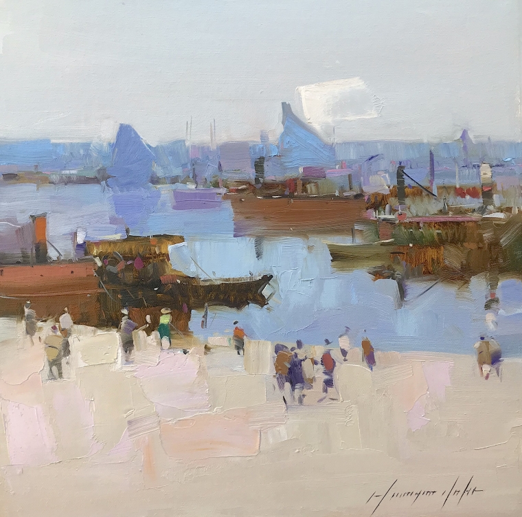 Harbor, Original oil Painting, Handmade artwork, One of a Kind   